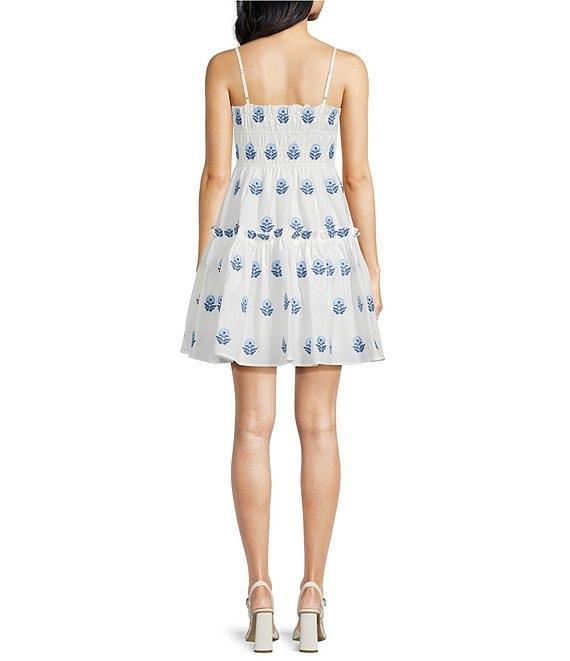 A Loves A Woven Paisley Embroidery Square Neck Spaghetti Strap Smocked Bodice Tiered A-Line Flounce Mini Dress Product Image