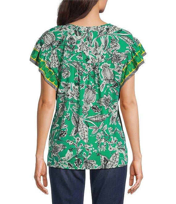 Figueroa & Flower Woven Printed Mandarin Collar Short Ruffle Sleeve Button Front Blouse Product Image