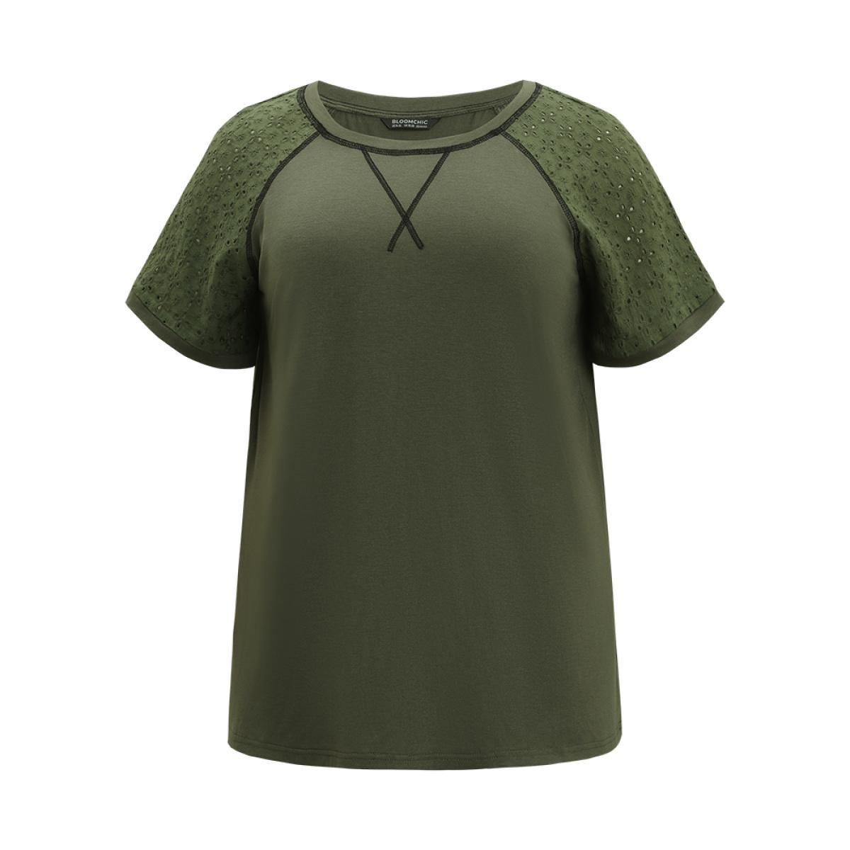 Plus Size Plain Patchwork Broderie Anglaise Raglan Sleeve T-shirt ArmyGreen Women Elegant Plain Plain Round Neck Dailywear T-shirts BloomChic 30/6X Product Image