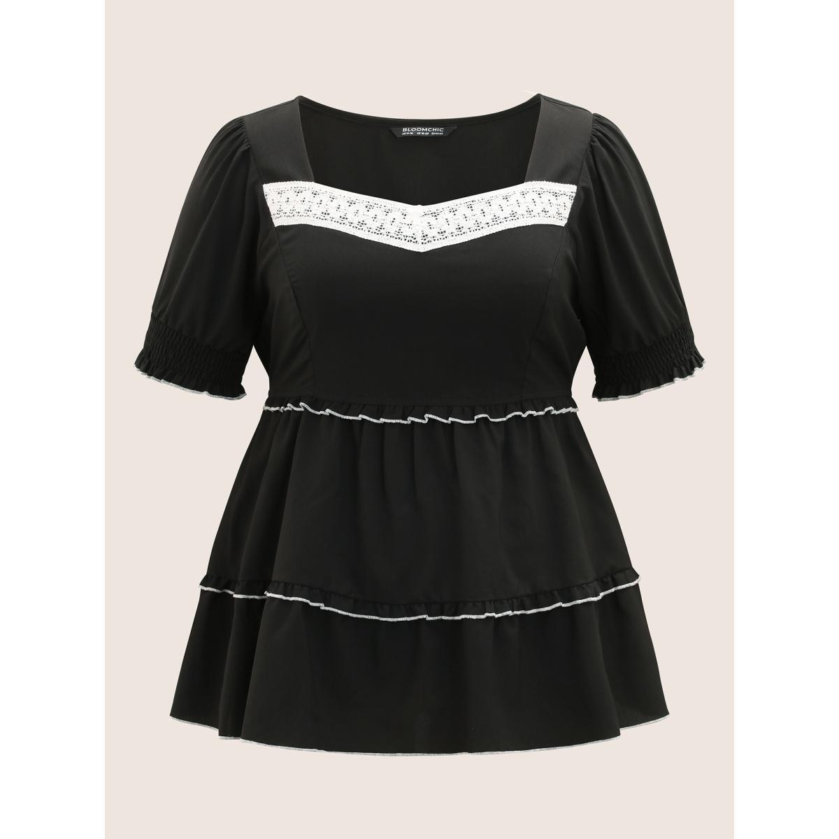 Plus Size Black Contrast Shirred Woven Ribbon Frill Trim Blouse Women Elegant Short sleeve Heart neckline Everyday Blouses BloomChic 10/M Product Image