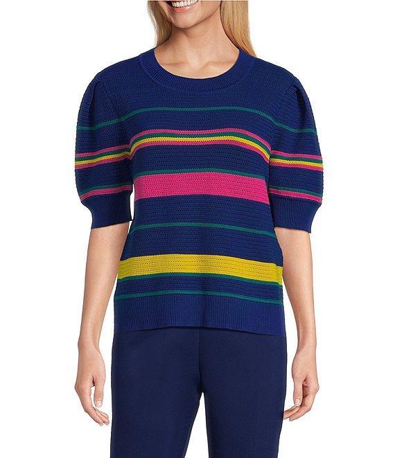 Investments Petite Size Bellwether Stripe Novelty Short Sleeve Crew Neck Sweater Top Product Image