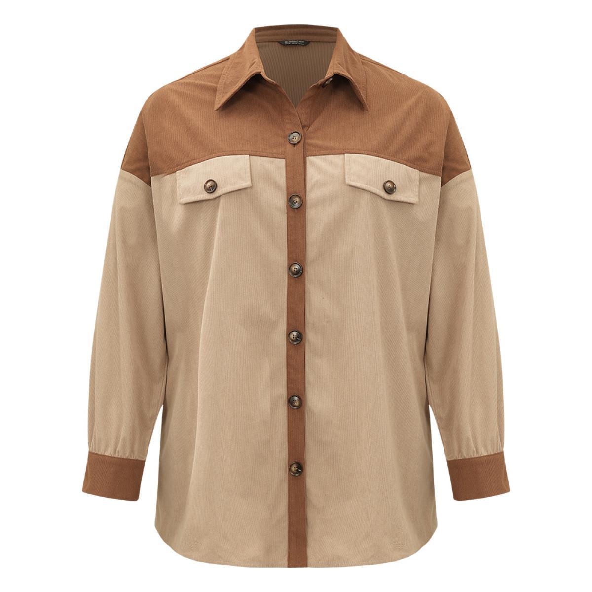 Plus Size Two Tone Button Through Patchwork Coat Women Tan Casual Contrast Ladies Dailywear Winter Coats BloomChic 28/5X Product Image