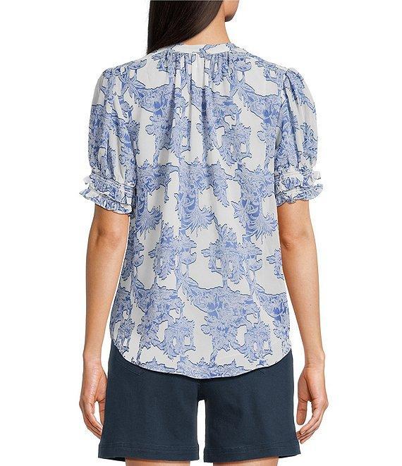 Current Air Printed Jacquard Split Neck Short Sleeve Blouse Product Image
