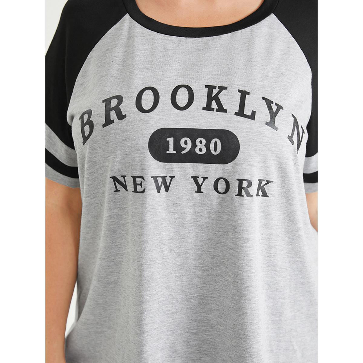 Plus Size Letter Print Contrast Raglan Sleeve Graphic Tee LightGray Women Casual Striped Dailywear T-shirts BloomChic 14-16/1X Product Image
