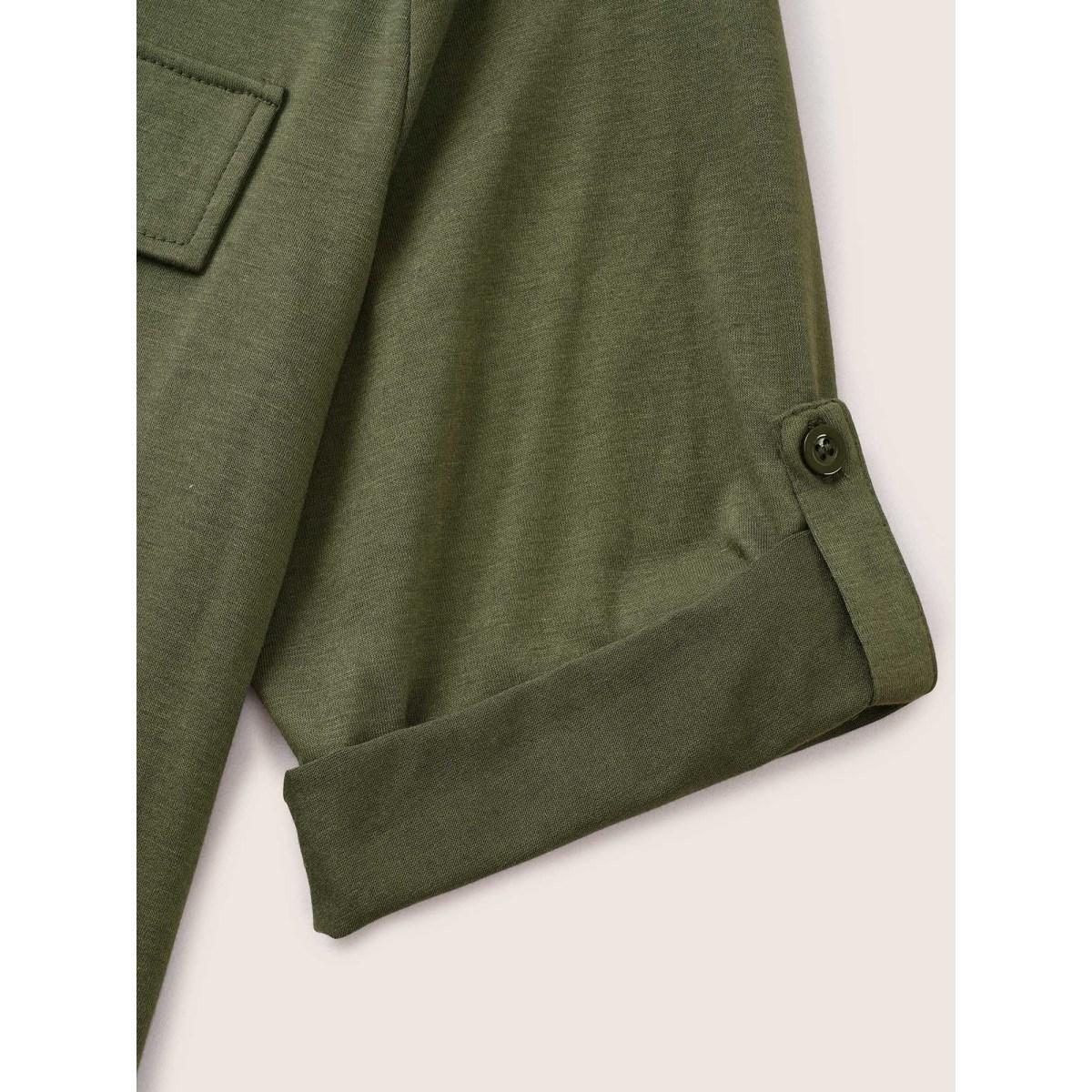 Plus Size Plain Half Zip Flap Detail Tab Sleeve Dress ArmyGreen Women At the Office Non Notched collar Elbow-length sleeve Curvy Midi Dress BloomChic 30/6X Product Image