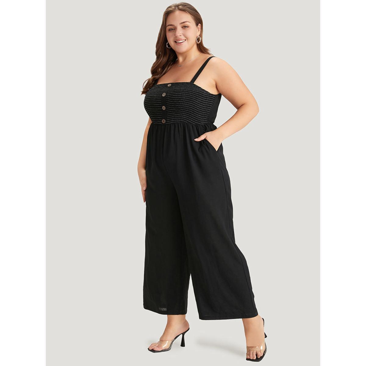 Plus Size Black Striped Patchwork Pocket Button Detail Shirred Cami Jumpsuit Women Casual Sleeveless Spaghetti Strap Dailywear Loose Jumpsuits BloomChic 18-20/2X Product Image