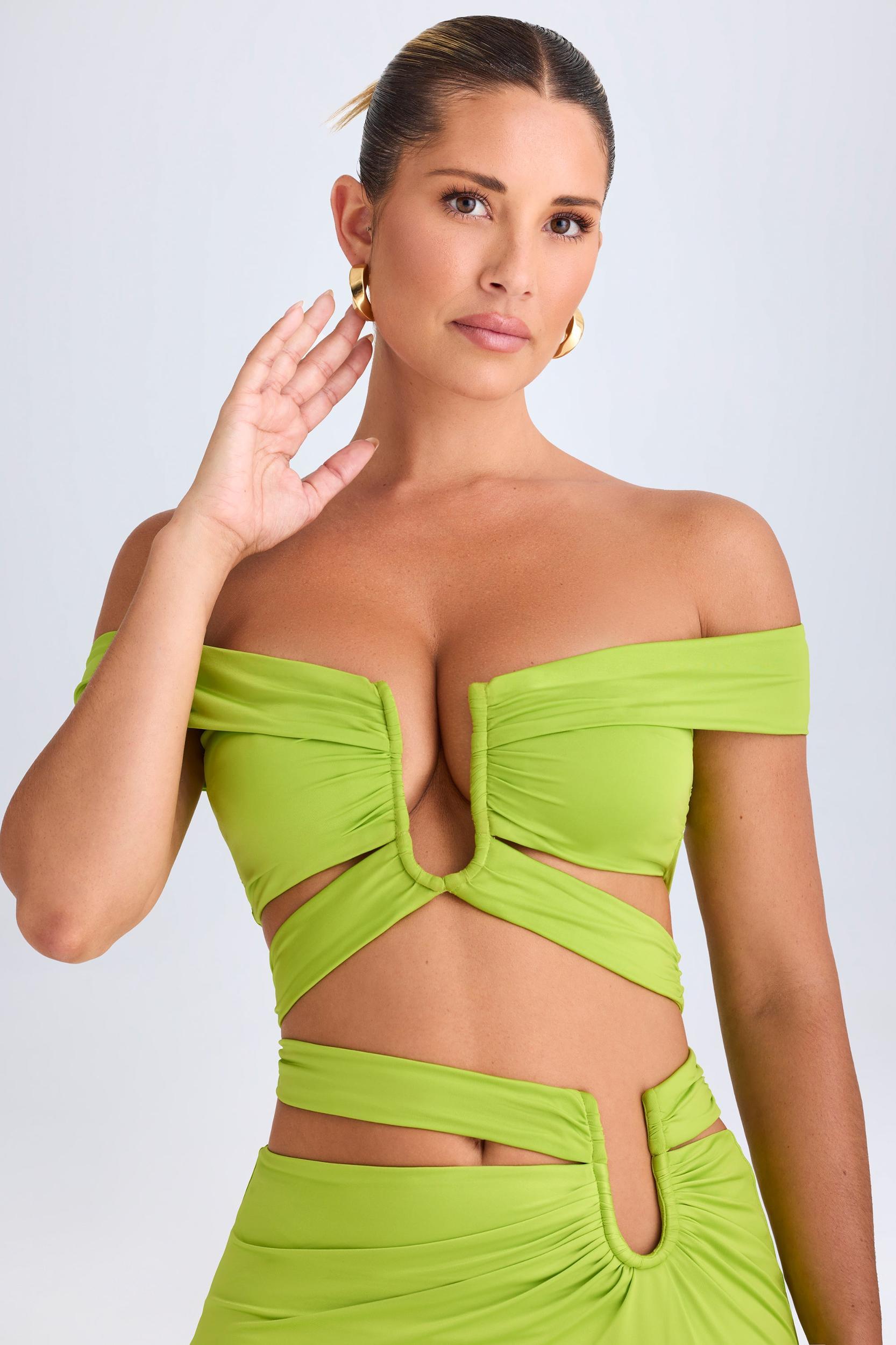 Cut-Out Off-Shoulder Crop Top in Lime Green Product Image