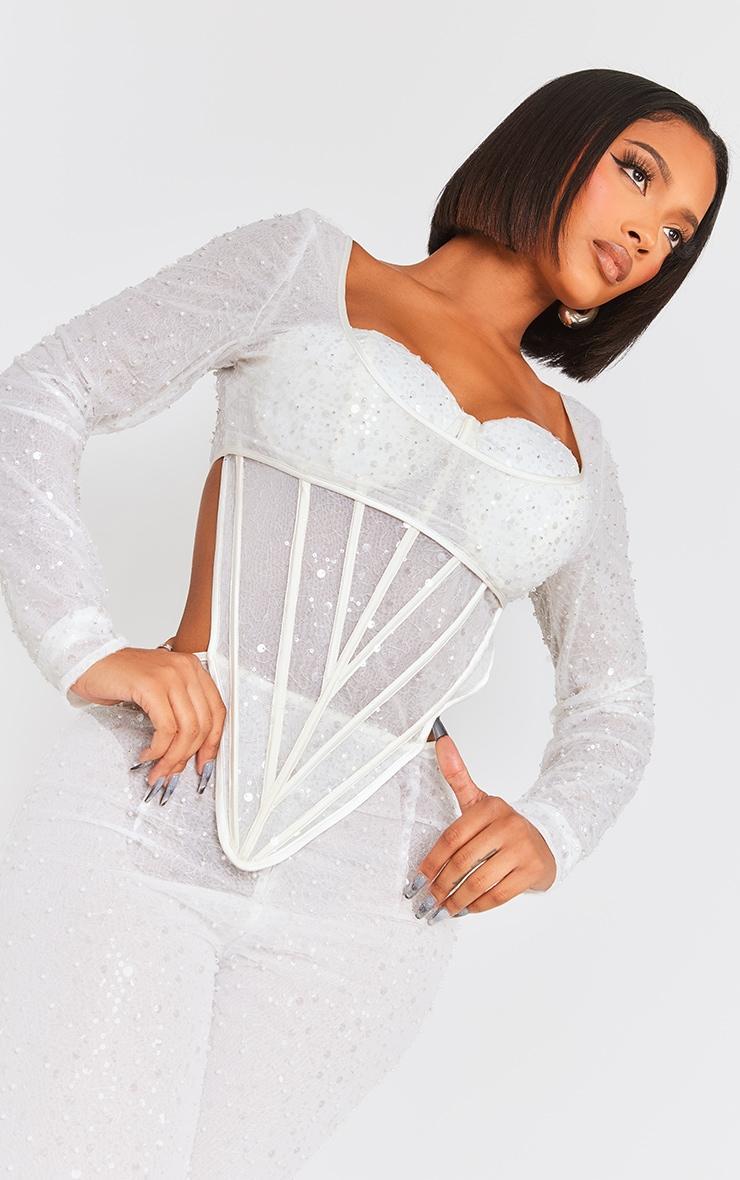 Shape White Sequin Mesh Corset Detail Jumpsuit Product Image