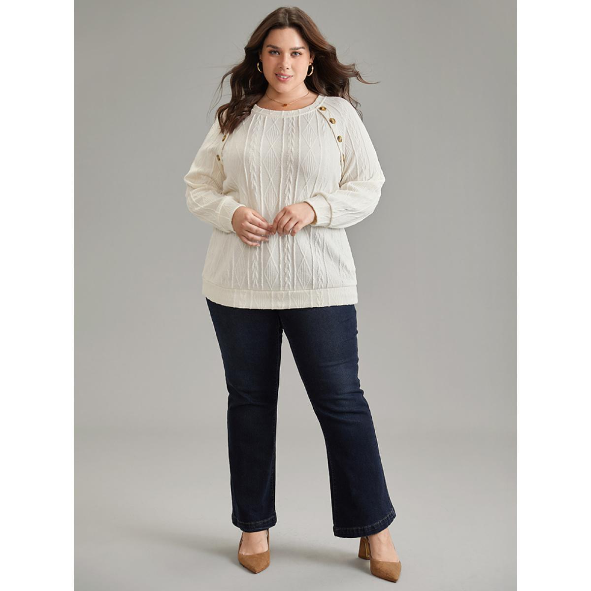 Plus Size Plain Texture Button Detail Knit Sweatshirt Women White Elegant Texture Round Neck Dailywear Sweatshirts BloomChic 22-24/3X Product Image