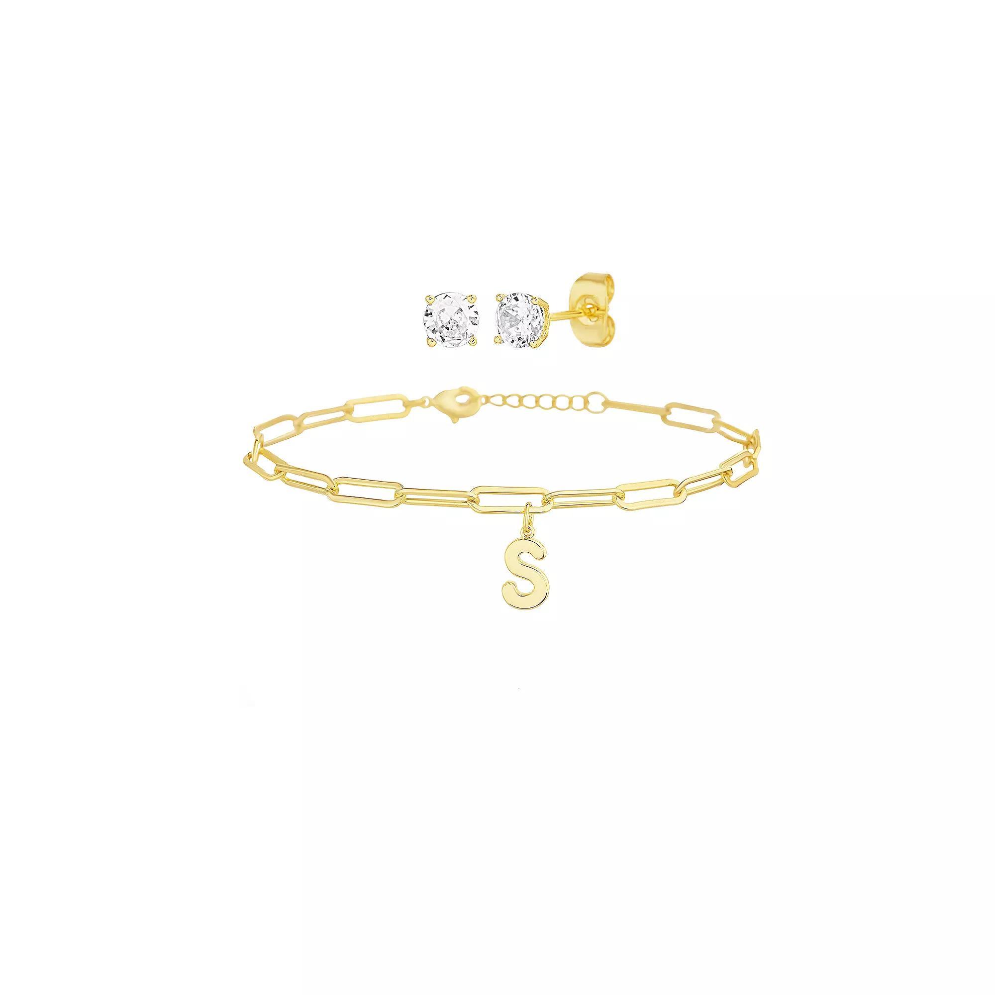 Paige Harper 14k Gold Plated Initial Charm Bracelet & Cubic Zirconia Stud Earring Set, Womens Gold Tone S Product Image