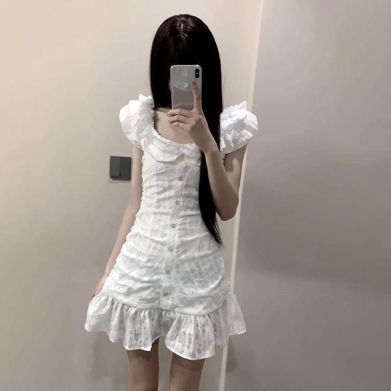 Puff-Sleeve Patterned Button-Up Mini A-Line Dress Product Image