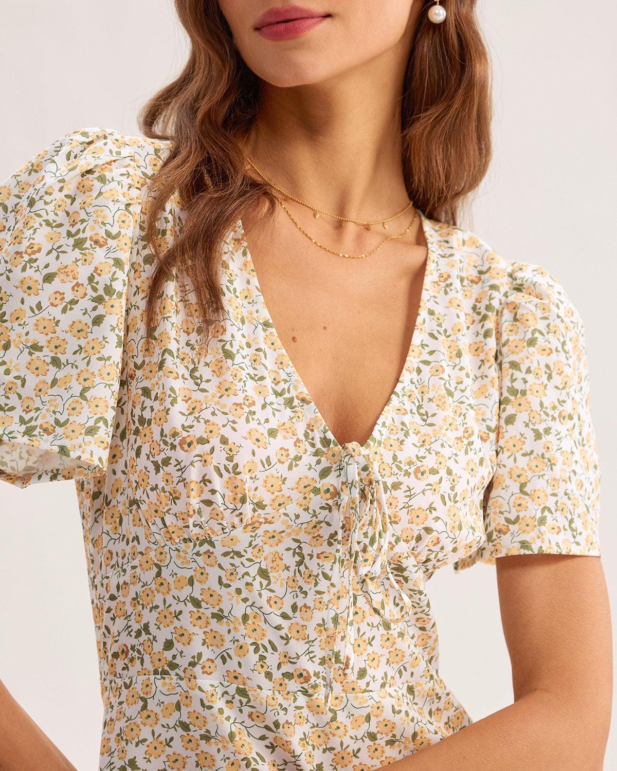 Yellow Floral V-Neck Mini Dress Product Image