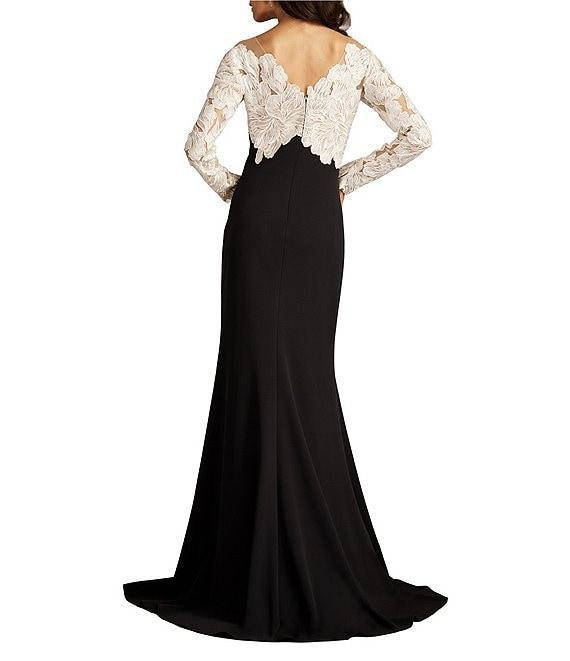 Tadashi Shoji Illusion V-Neck Long Sleeve Lace Bodice Crepe Gown Product Image