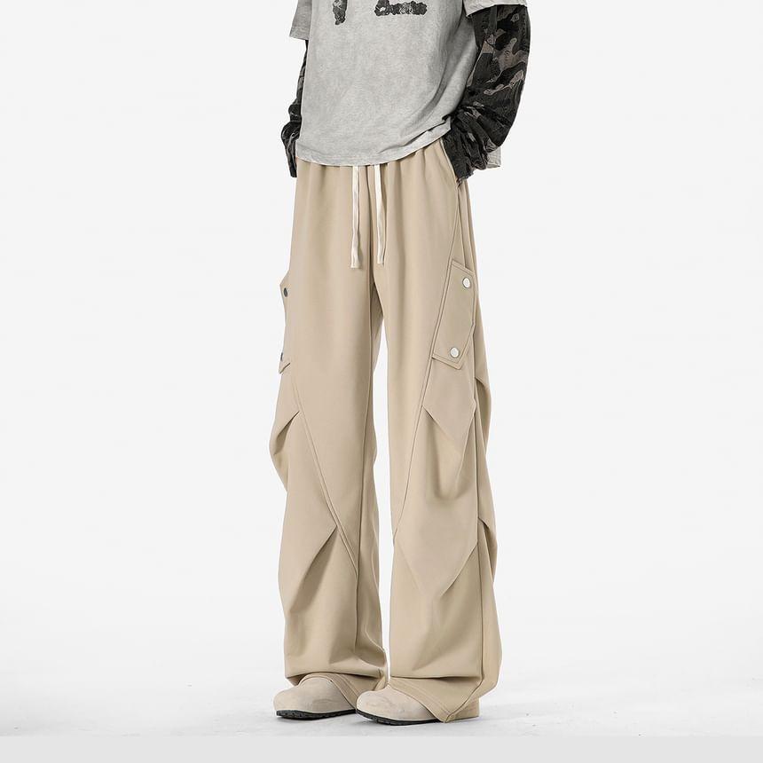 Drawstring Waist Plain Ruched Wide Leg Pants Product Image
