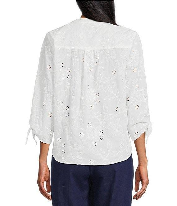 Jones New York Embroidered 3/4 Tie Sleeve Button Front Blouse Product Image