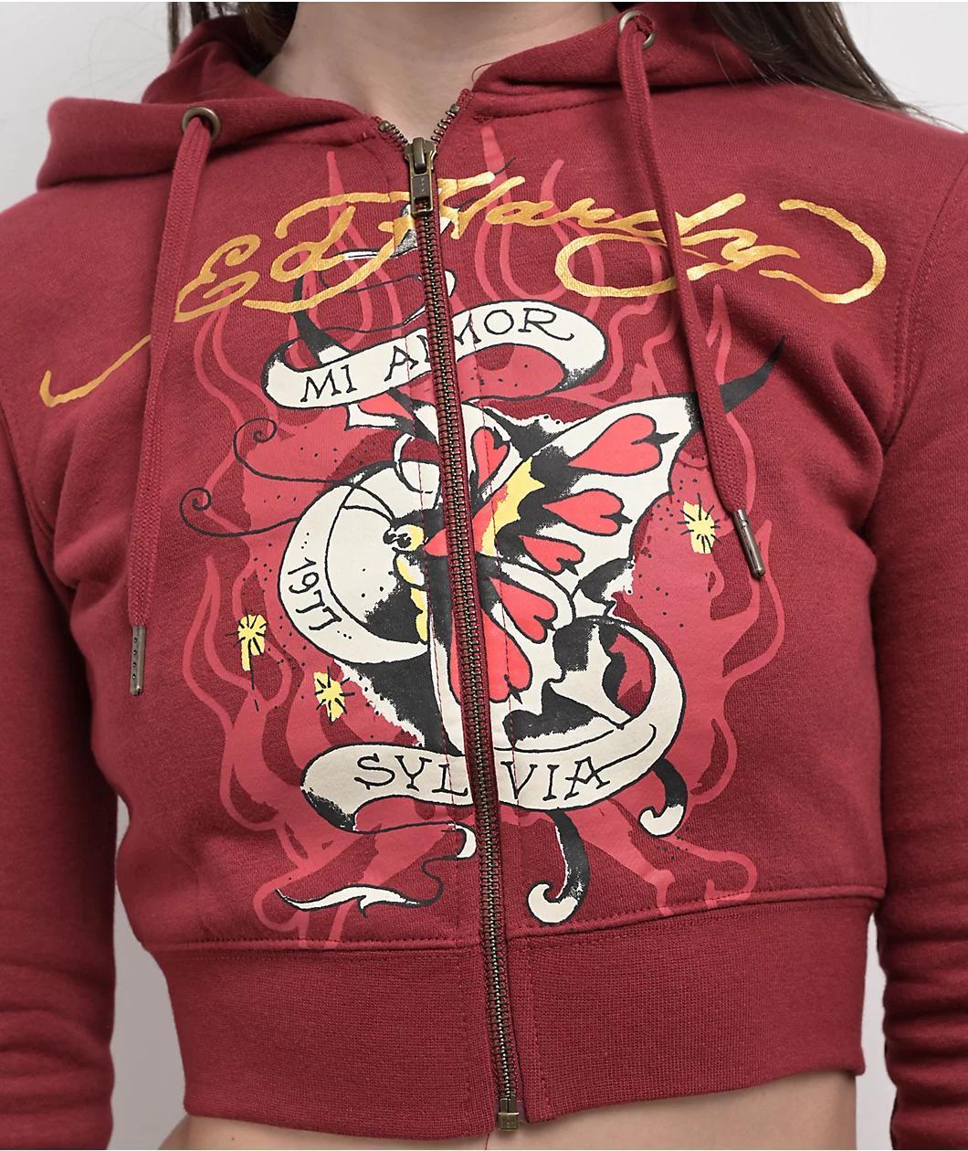 Ed Hardy Amor Butterfly Wine Crop Zip Hoodie Product Image