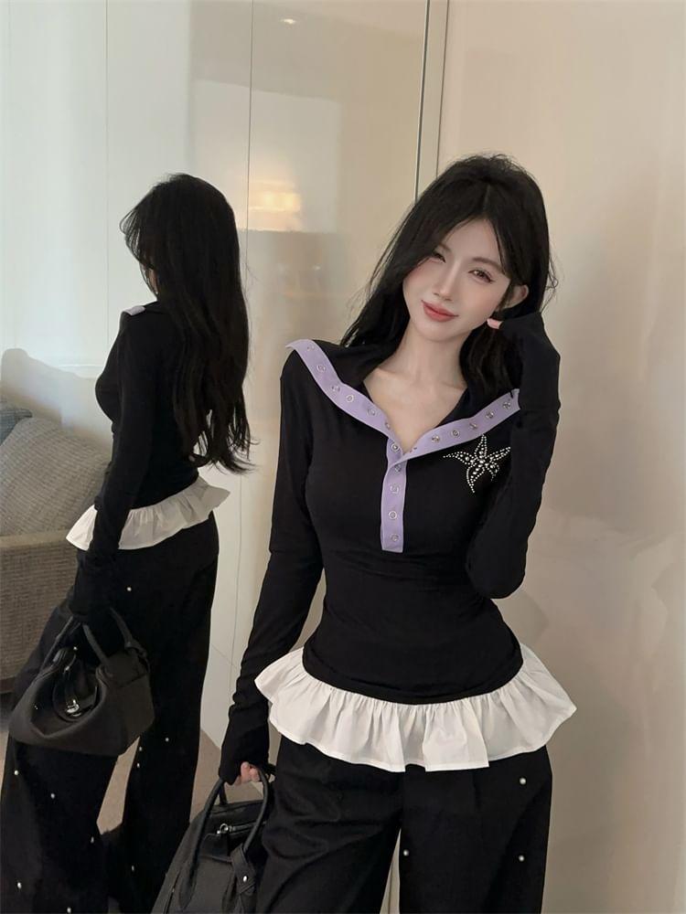 Long-Sleeve Sailor Collar Two Tone Studded Ruffle Hem Top Product Image