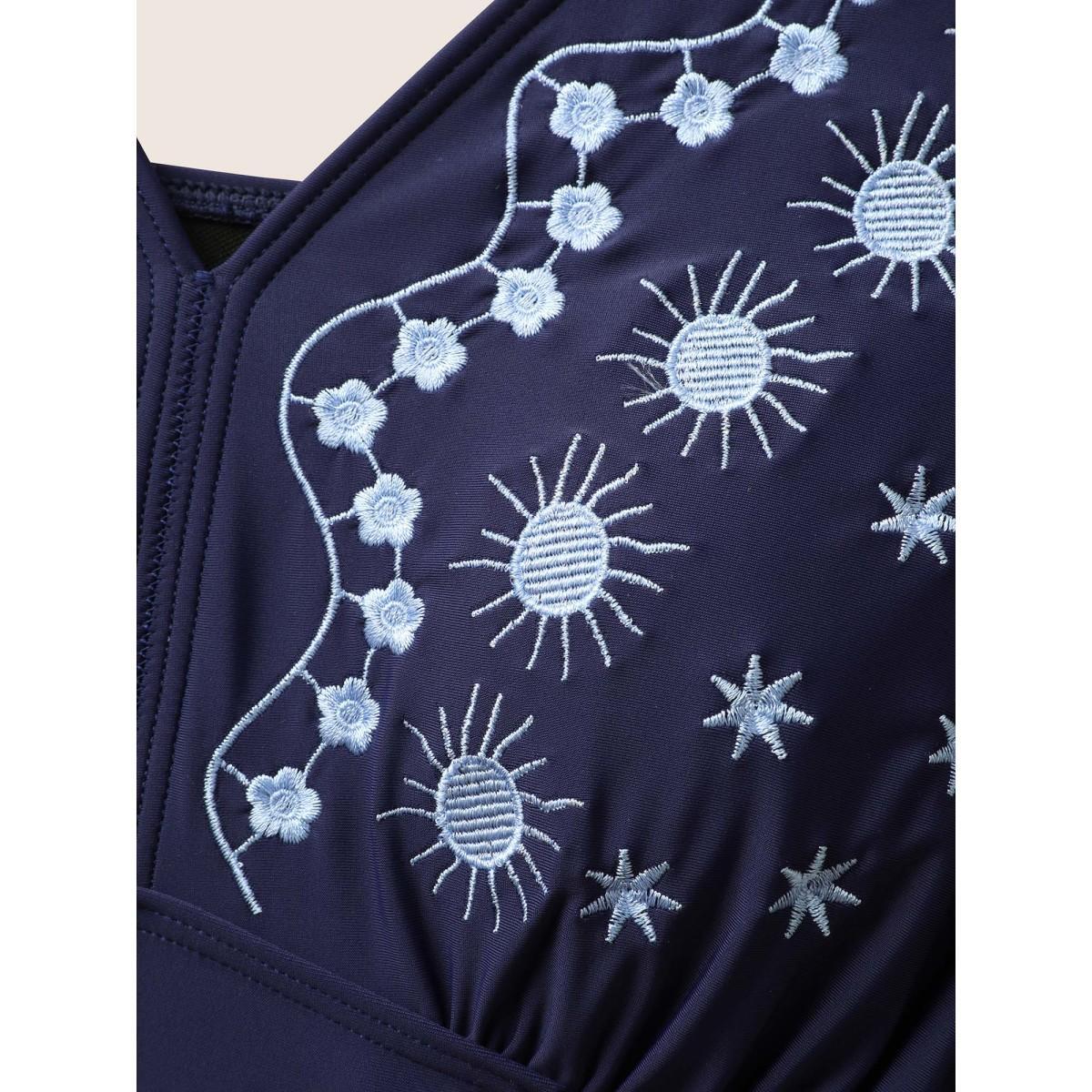 Plus Size V Neck Moon & Star Embroidered Gathered Swim Dress Women's Swimwear Midnight Beach Bodycon V-neck High stretch Curve Swim Dresses BloomChic 14-16/1X Product Image