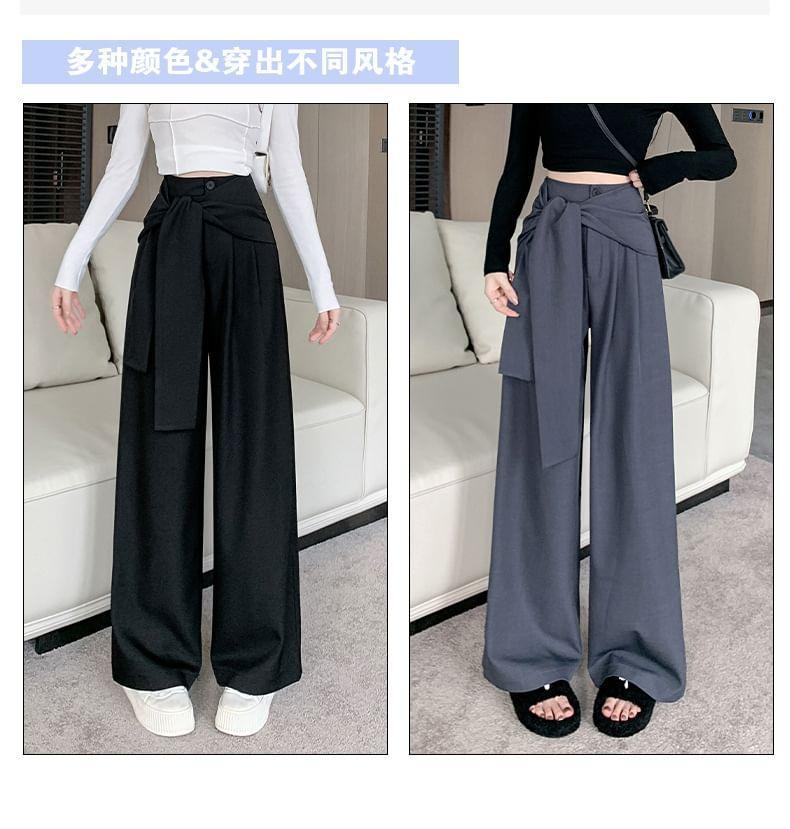 High Waist Plain Tie Waist Wide Leg Pants Product Image