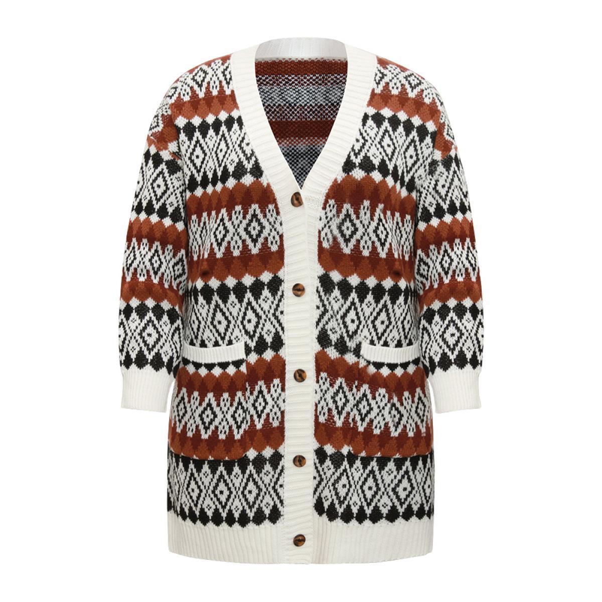 Plus Size Geometric Jacquard Pocket Button Up Cardigan Chocolate Women Casual Loose Long Sleeve Dailywear Cardigans BloomChic 22-24/3X Product Image