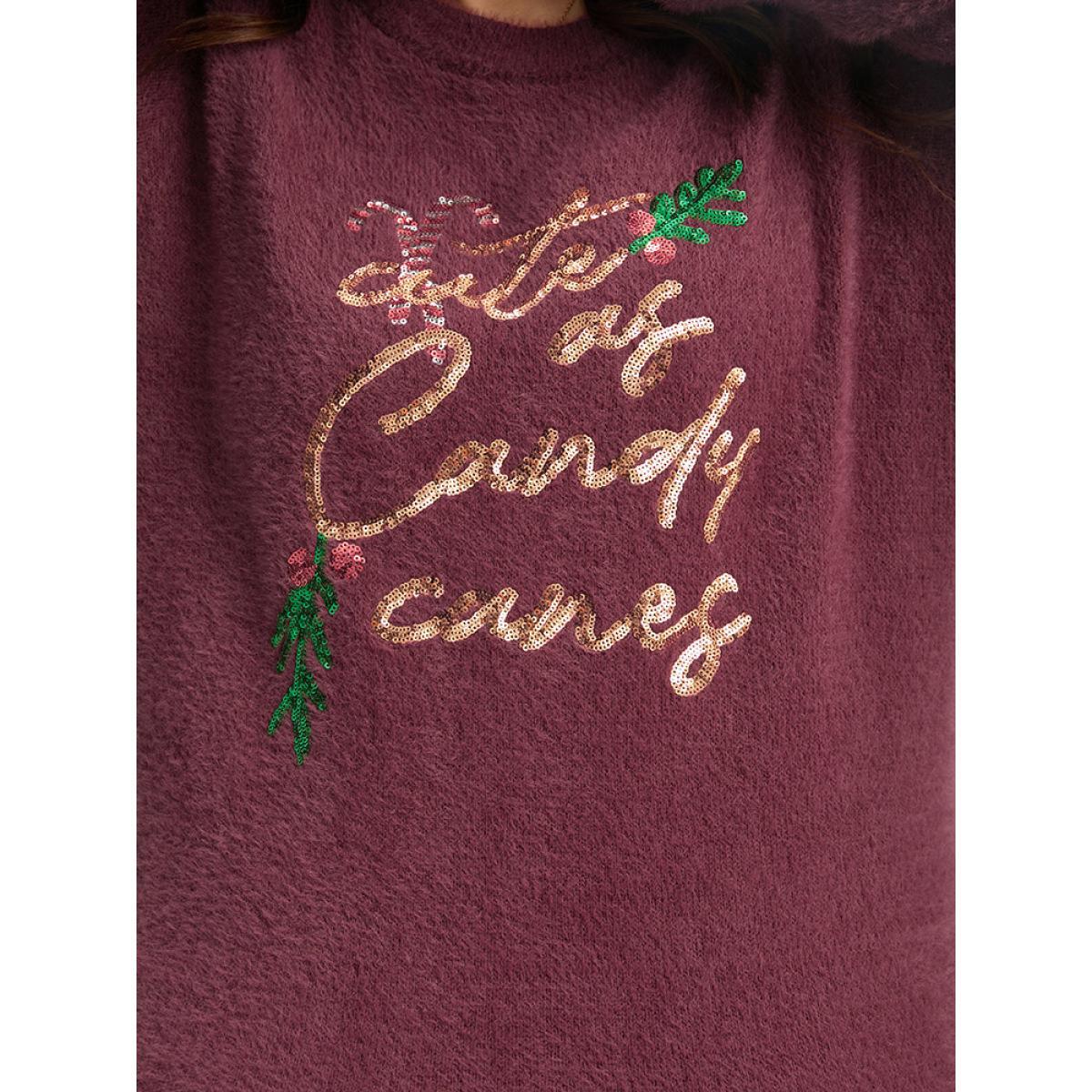 Plus Size Christmas Sequin Embroidered Fluffy Pullover Burgundy Women Casual Loose Long Sleeve Round Neck Festival-Christmas Pullovers BloomChic 28/5X Product Image