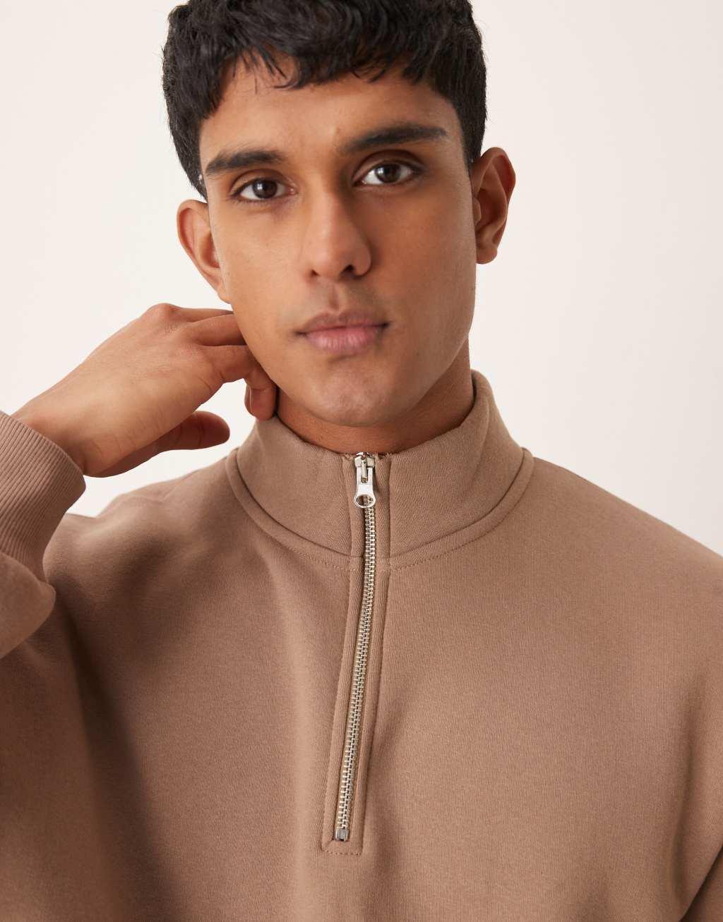 ASOS DESIGN quarter zip funnel sweatshirt in brown - part of a set Product Image