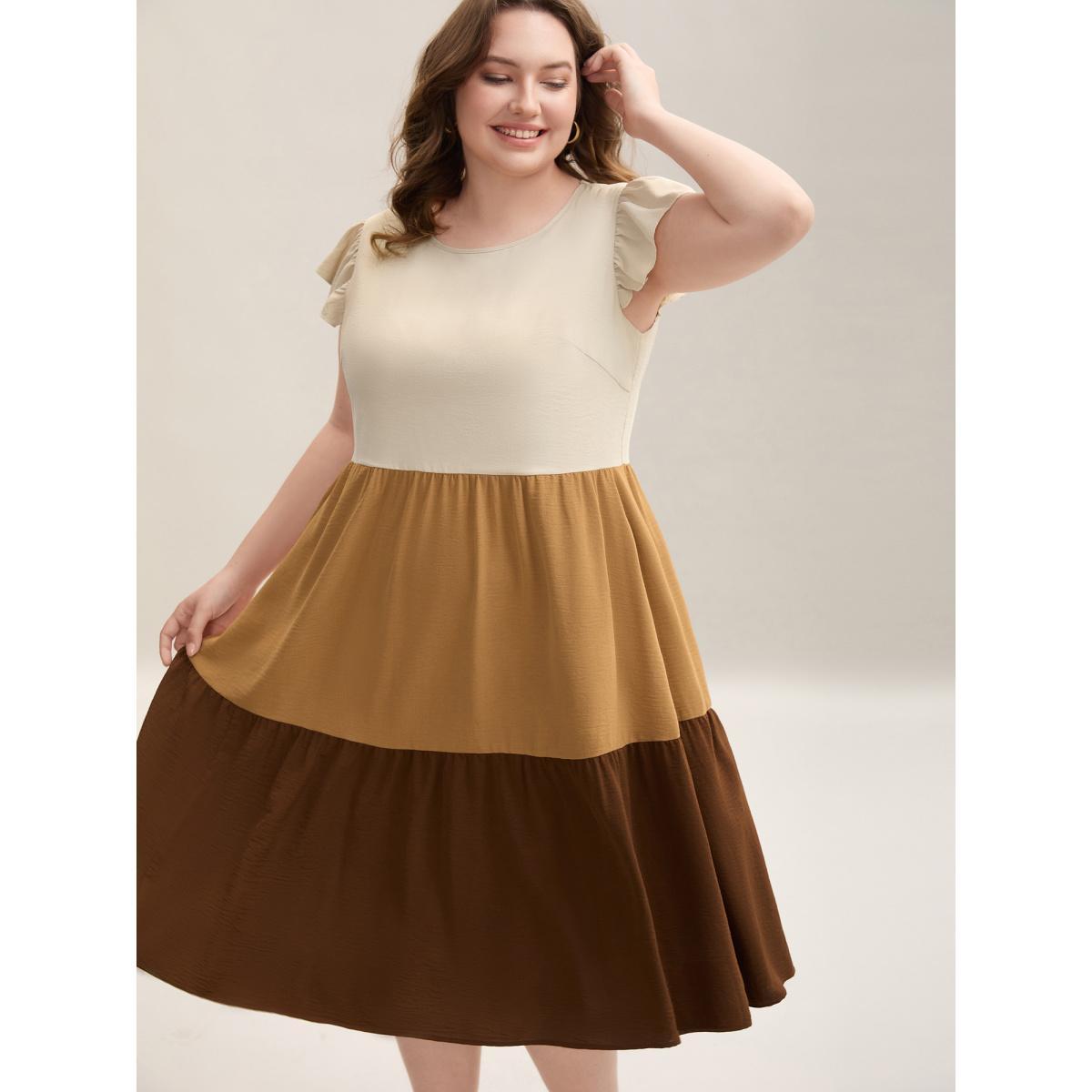 Plus Size Color Block Ruffled Sleeve Tiered Midi Dress LightBrown Women Casual Contrast Round Neck Cap Sleeve Curvy BloomChic 30/6X Product Image