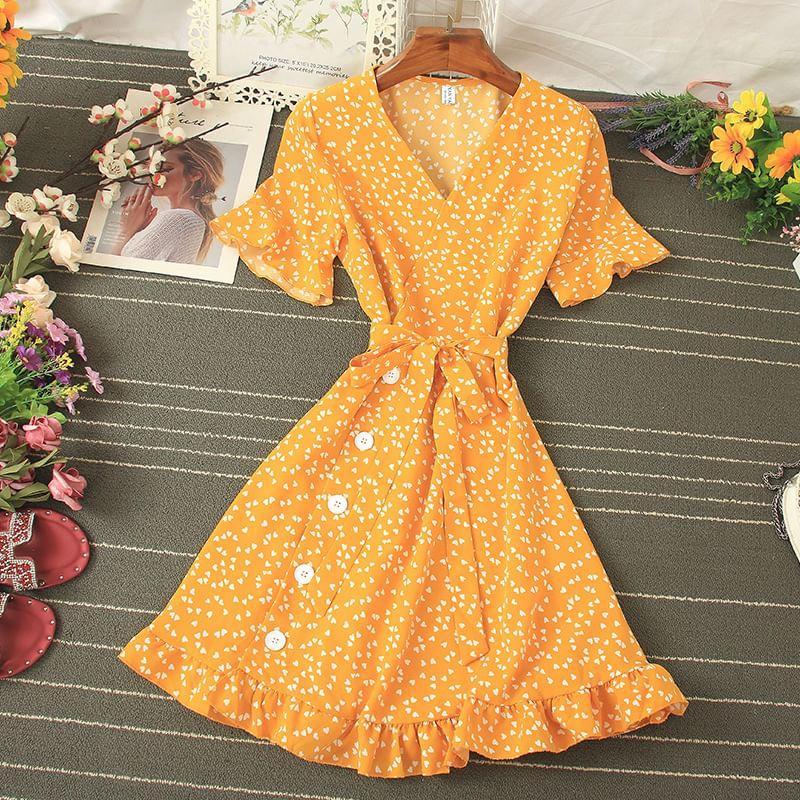 Short-Sleeve V-Neck Floral Print Ruffled Mini A-Line Dress Product Image