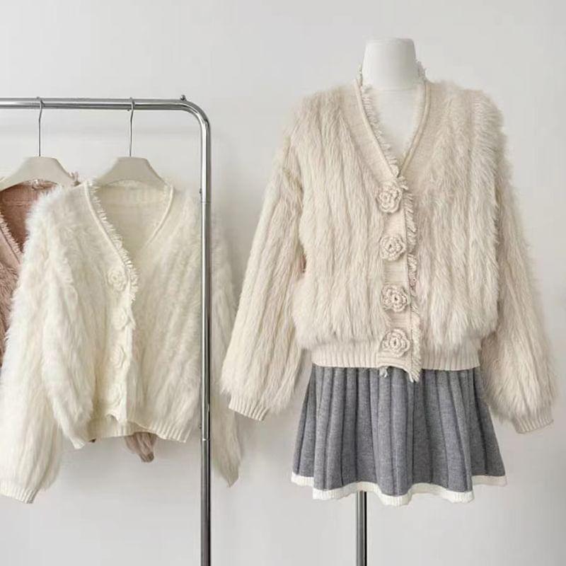 V-Neck Plain Fluffy Flower Button Crop Cardigan Product Image
