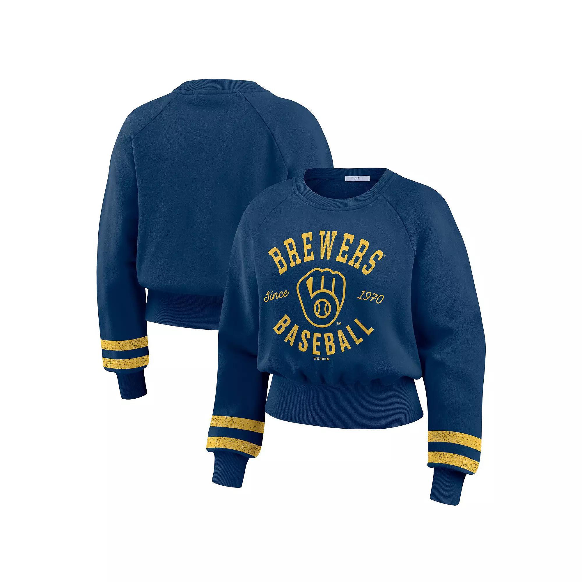 Women's WEAR by Erin Andrews  Navy Milwaukee Brewers Vintage Washed Cropped Pullover Sweatshirt, Size: 2XL, Blue Product Image