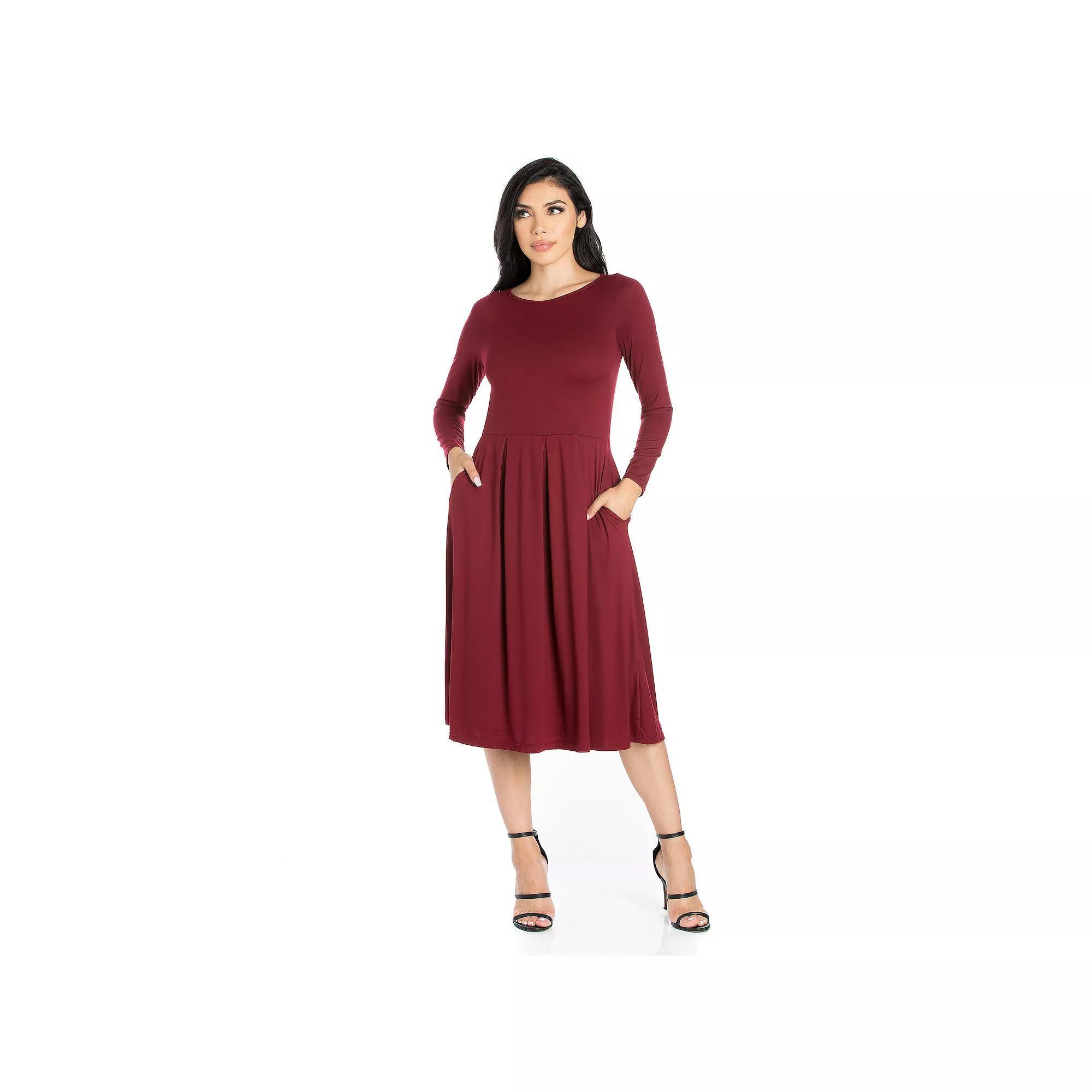 Women's 24Seven Comfort Apparel Long Sleeve Fit & Flare Dress with Pockets, Size: Large, Red Product Image