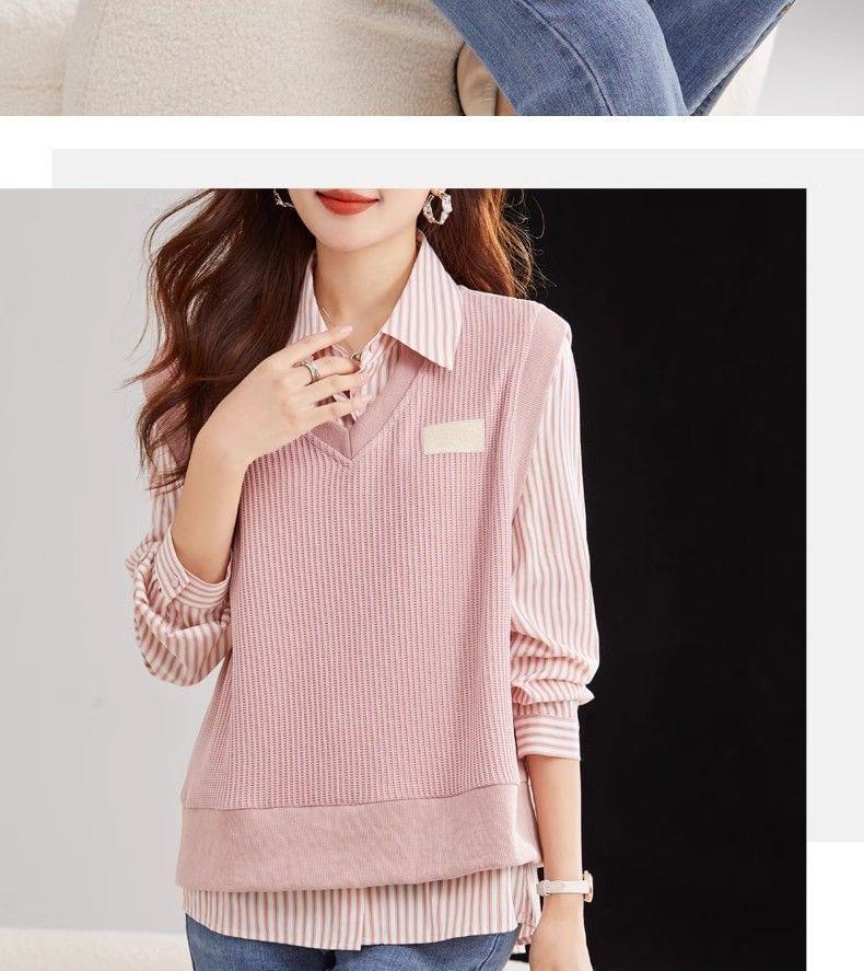 Mock Two-Piece Long-Sleeve Striped Panel Shirt Product Image
