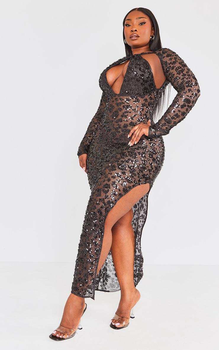 Plus Black Fishnet Sequin Cut Out Maxi Dress Product Image