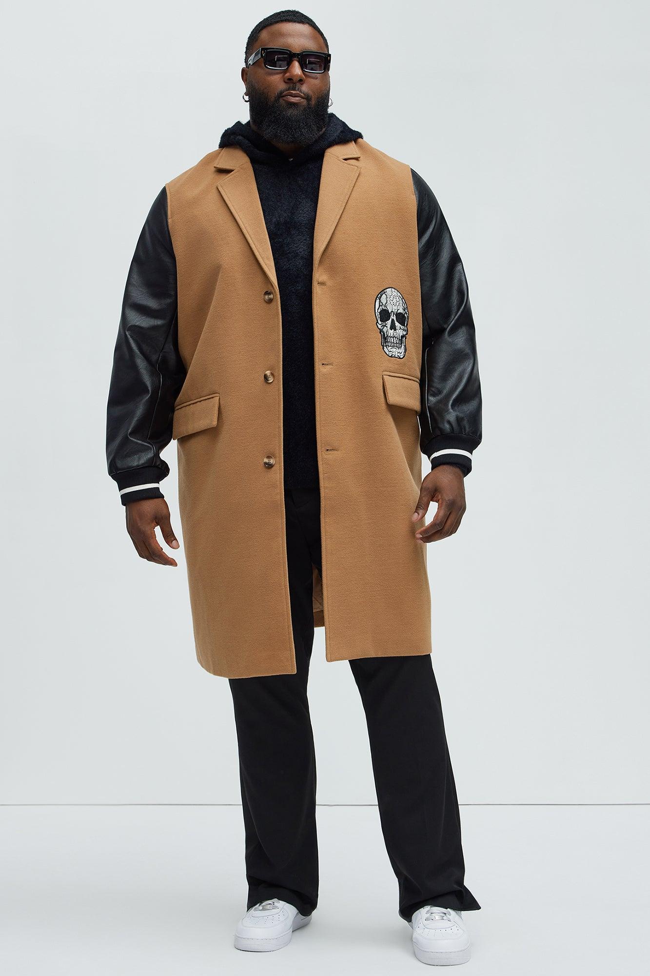 Skull Faux Leather Sleeves Long Coat - Tan Product Image