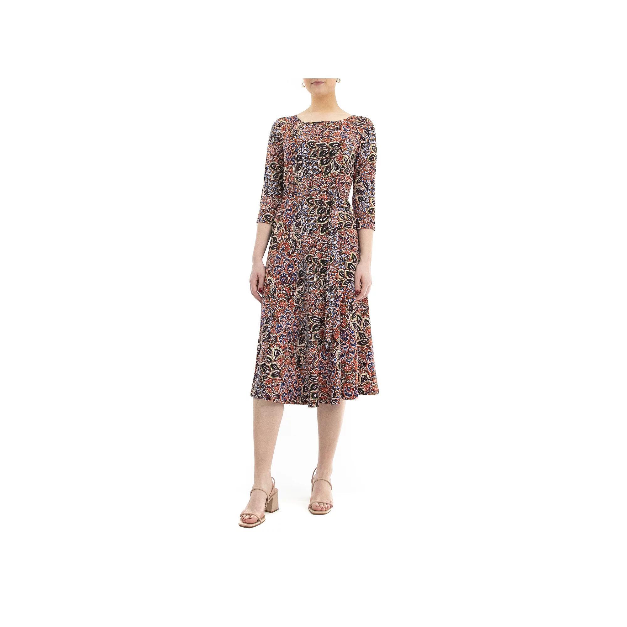 Womens Nina Leonard Belted 3/4 Sleeve Print Midi Dress Dusty Pink Product Image