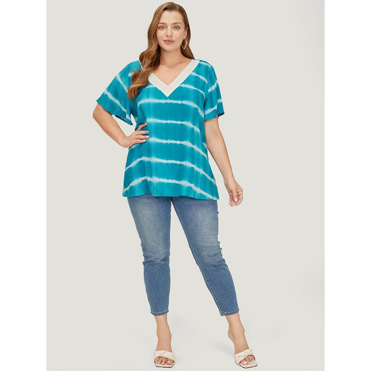 Plus Size Cerulean Tie Dye Contrast Trim Striped Blouse Women Vacation Short sleeve V-neck Dailywear Blouses BloomChic 30/6X Product Image