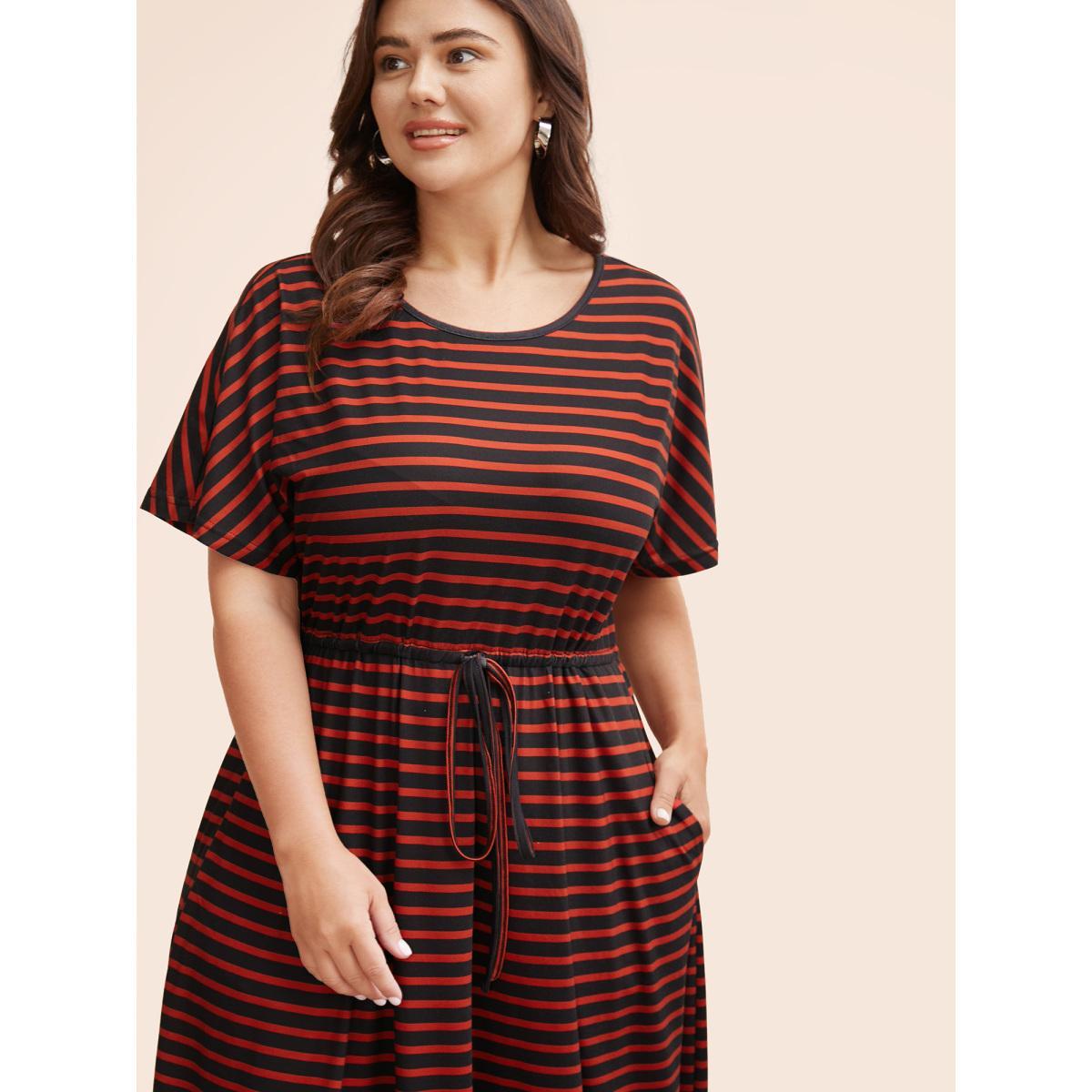 Plus Size Striped Round Neck Drawstring Dolman Sleeve Dress Black Women Casual Gathered Round Neck Short sleeve Curvy BloomChic 14-16/1X Product Image