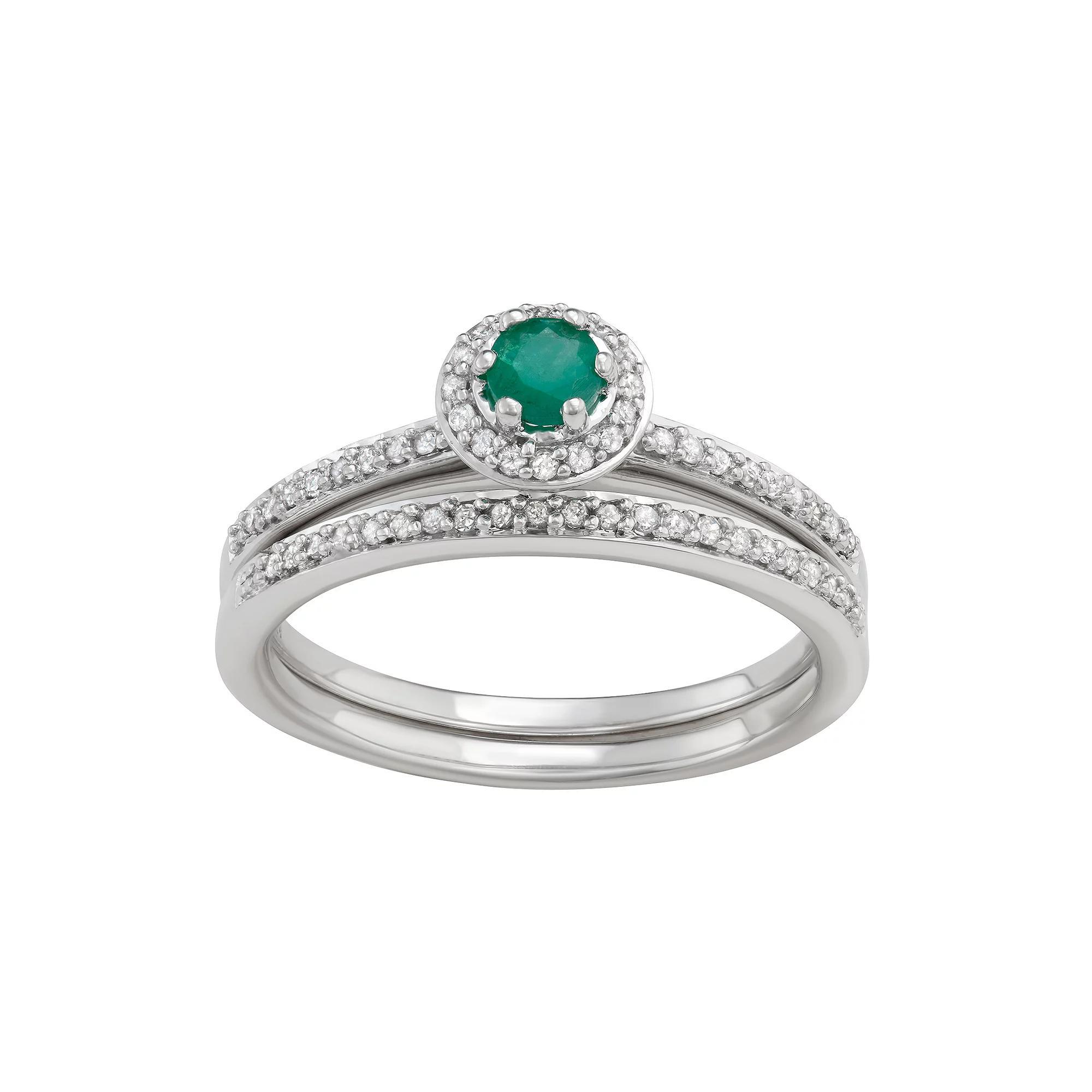 10k White Gold 1/3 Carat T.W. Diamond & Gemstone Halo Engagement Ring Set, Women's, Size: 5, Green Product Image