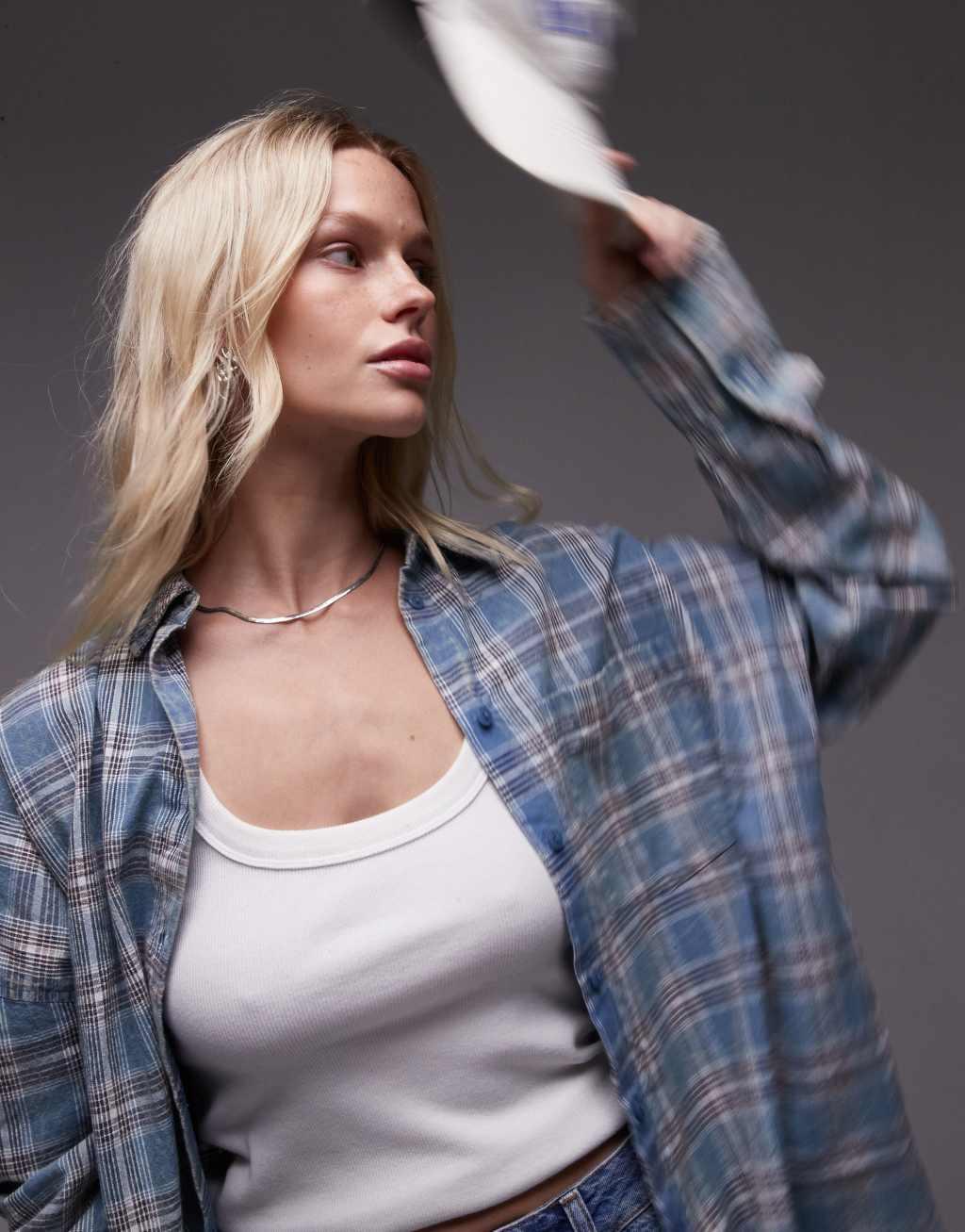 Topshop oversized shirt in washed blue check Product Image
