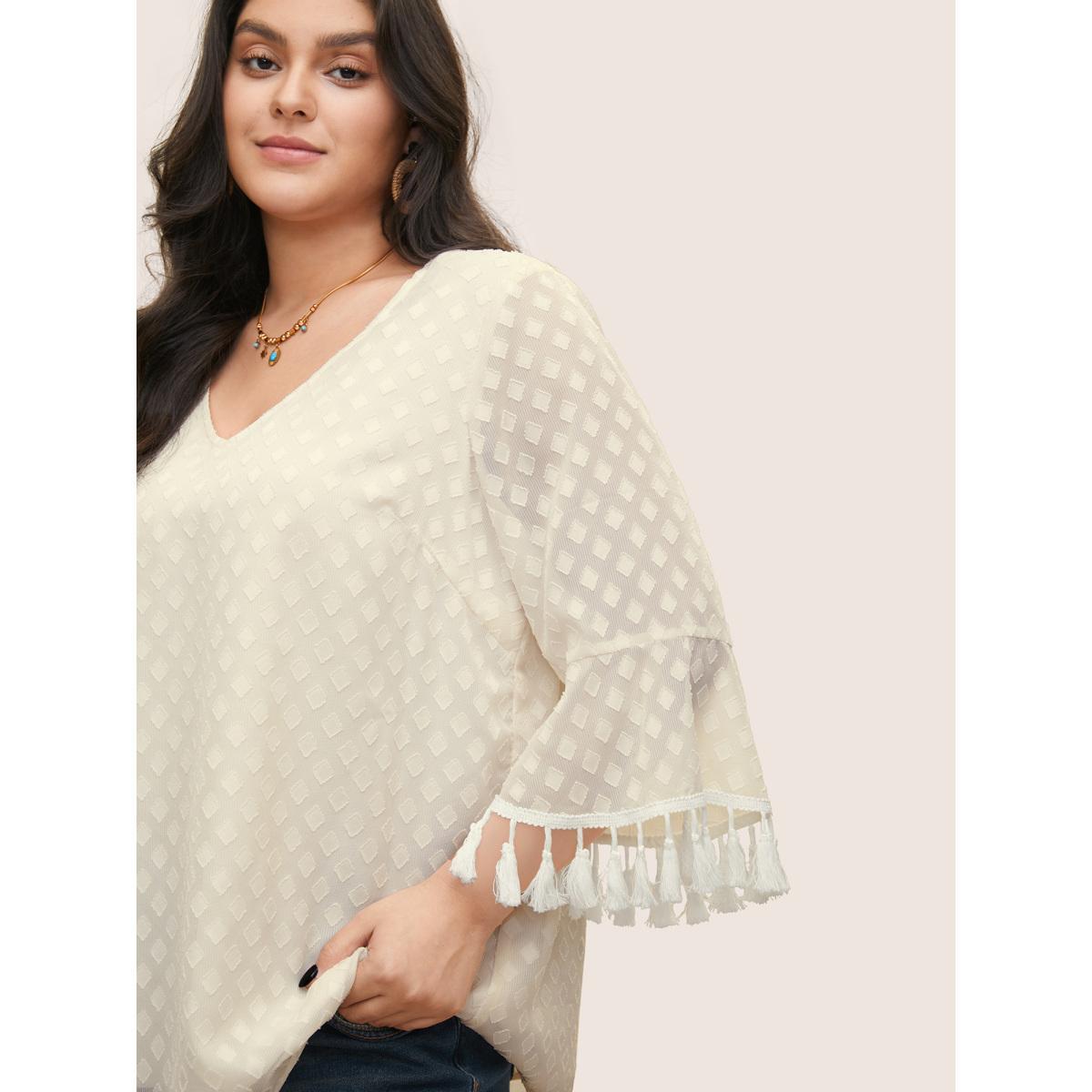 Plus Size Ivory V Neck Jacquard Mesh Tassel Trim Blouse Women Resort Elbow-length sleeve V-neck Vacation Blouses BloomChic 18-20/2X Product Image
