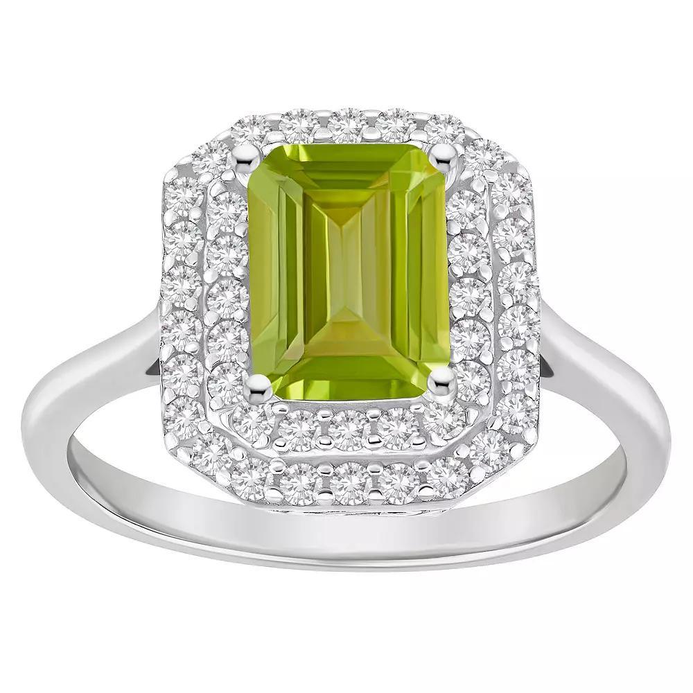 Celebration Gems Sterling Silver Emerald-Cut Peridot & White Topaz Double Halo Ring, Women's, Size: 10 Product Image