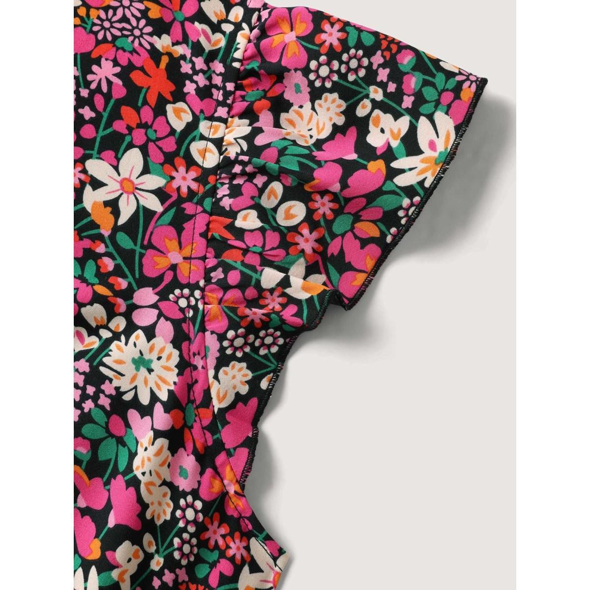 Plus Size Floral Print Shirred Waist Ruffled Midi Dress Peach Women V-neck Short sleeve Curvy BloomChic 28/5X Product Image