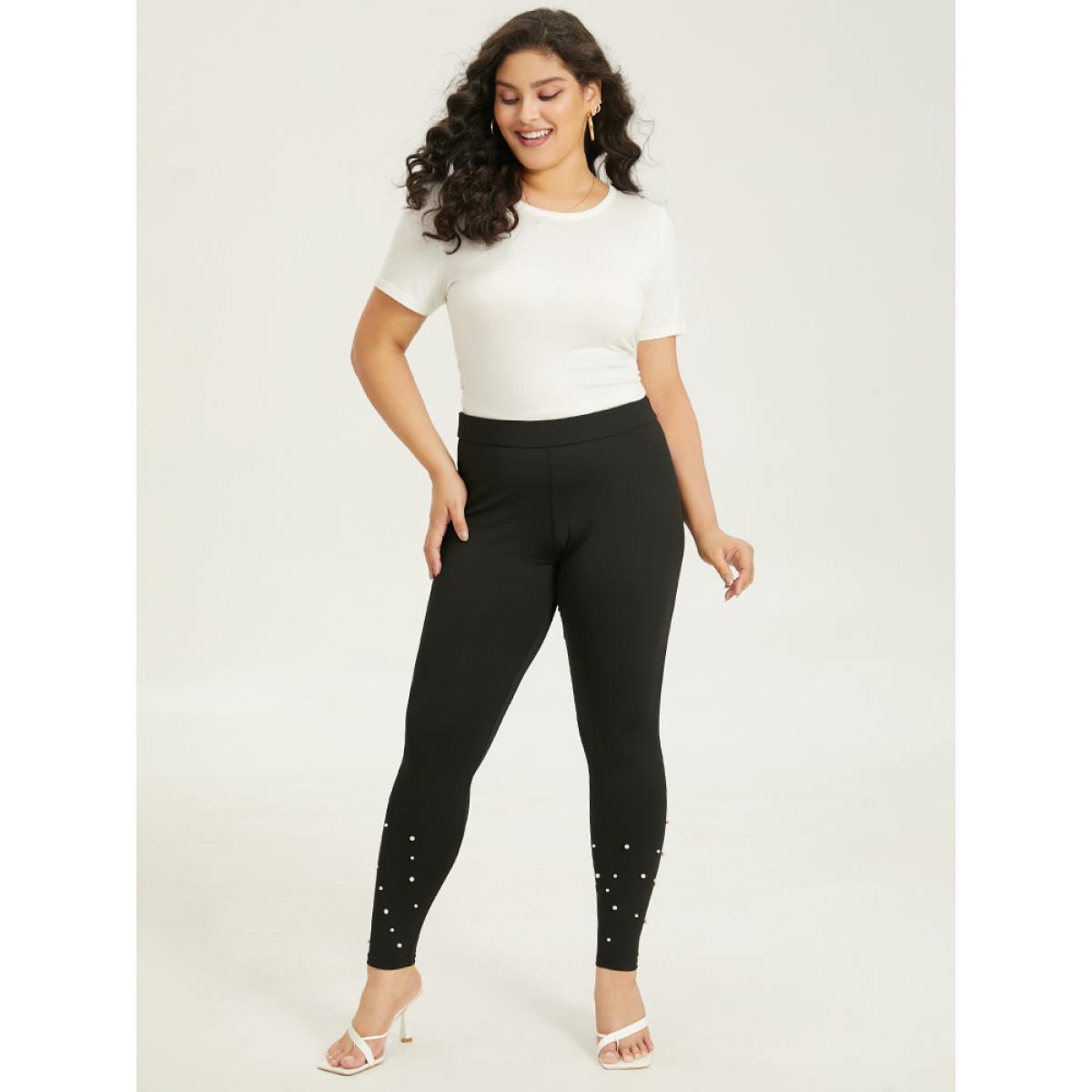 Plus Size Skinny Elastic Waist Pearl Beaded Leggings Women Black Elegant High stretch Skinny High Rise Dailywear Leggings BloomChic 10/M Product Image