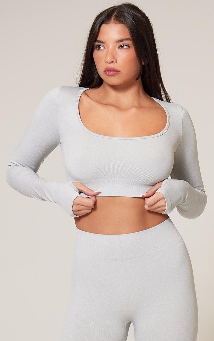 Grey Marl Seamless Square Neck Long Sleeve Gym Top Product Image