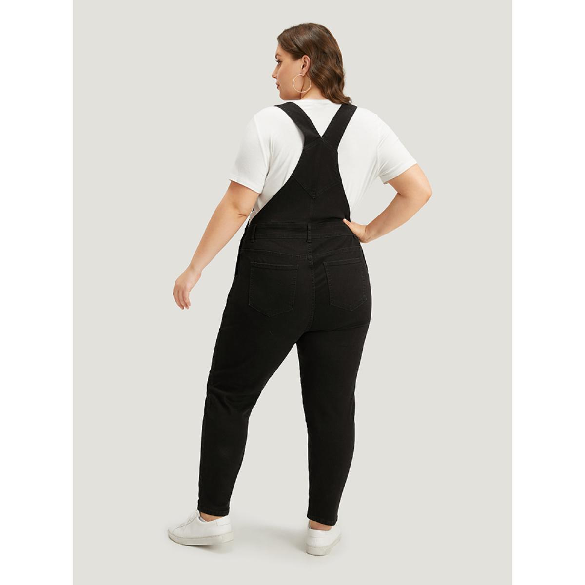 Plus Size Plain Patched Pocket Button Up Overall Jeans Black Women Plain Adjustable Straps High stretch Everyday High Rise Pocket Casual Denim Jumpsuits BloomChic 26/4X Product Image