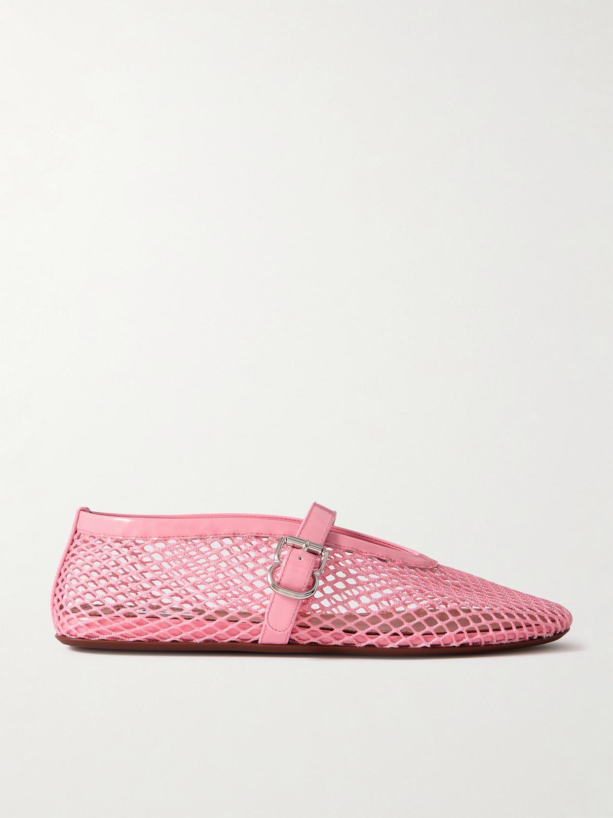 ALAÏA Patent Leather-trimmed Mesh Ballet Flats In Pink Product Image