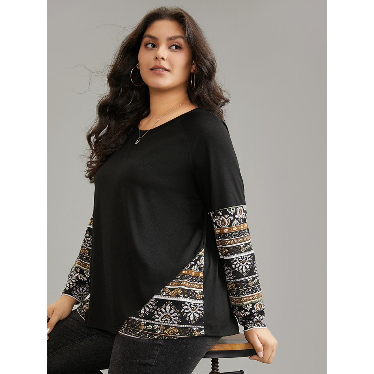 Plus Size Bandana Print Patchwork Raglan Sleeve T-shirt Black Women Casual Contrast Bohemian Print Round Neck Dailywear T-shirts BloomChic 30/6X Product Image