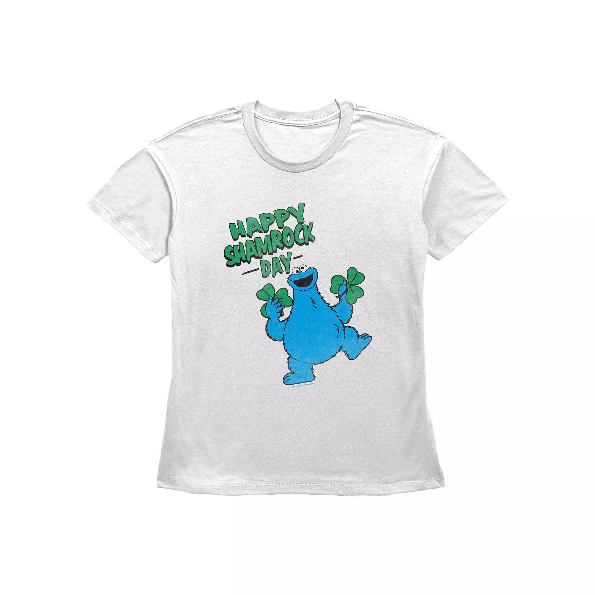 Women's PBS Kids Sesame Street Cookie Monster Happy Shamrock Day Graphic Tee, Size: Large, White Product Image
