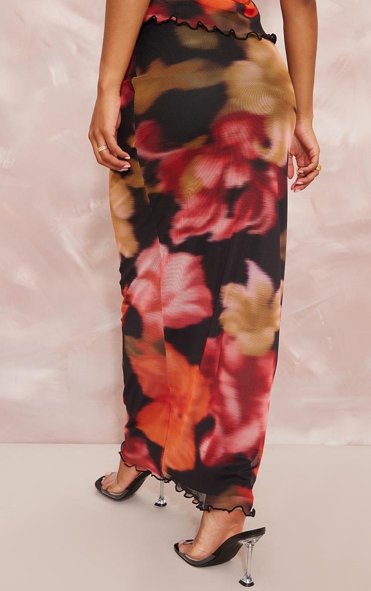 Red Floral Print Mesh Low Rise Midaxi Skirt Product Image