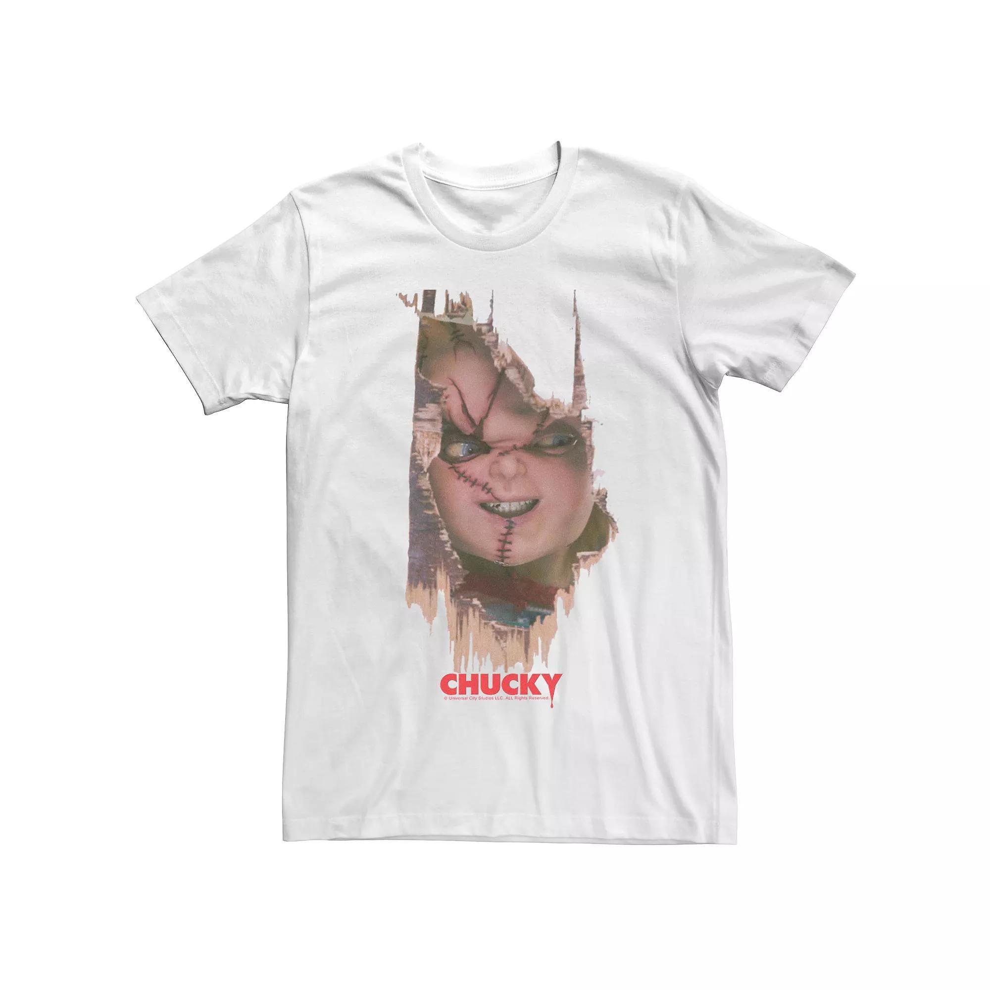 Men's Chucky It's Chucky Wood Door Breath Through Movie Poster Tee, Size: Small, White Product Image